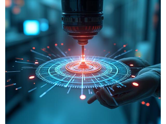 Sistema de visão computacional inspecionando uma engrenagem de precisão com overlays de dados de IA, destacando áreas para controlo de qualidade.