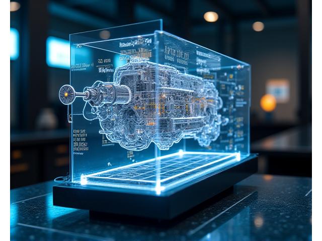 Visualização de um gémeo digital 3D de um motor marítimo de precisão com dados de simulação e gráficos em overlay.