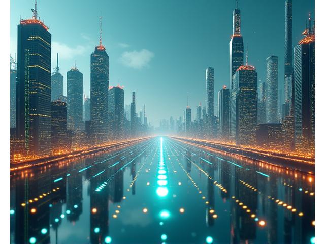 Visualização futurista de tecnologias emergentes como blockchain, AR, 5G e computação quântica, interligadas em um ambiente de alta tecnologia.