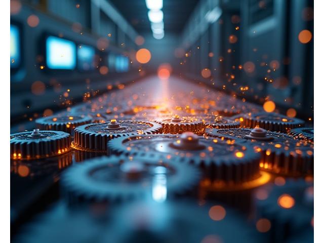 Representação visualise da Indústria 4.0 com elementos digitais sobre uma linha de produção de precisão, mostrando a transição do analógico ao digital.