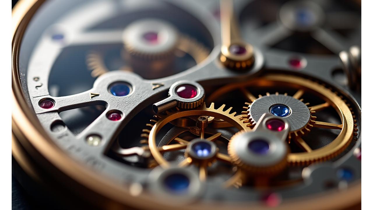 Detalhe do movimento mecânico de alta precisão de um cronómetro Âncora Hora