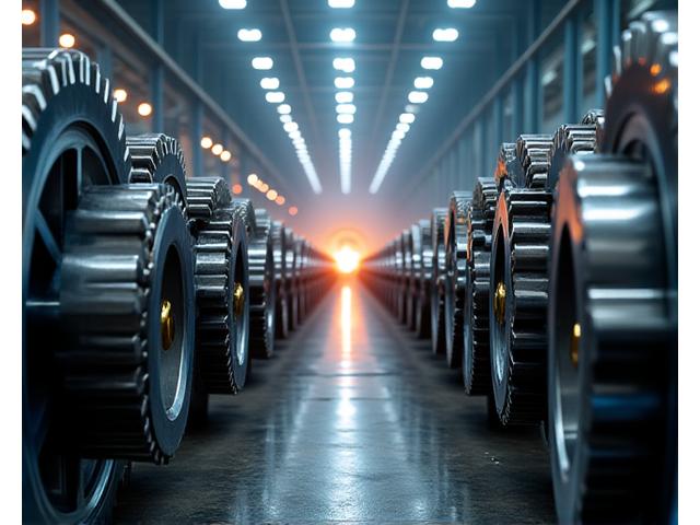 Engrenagens metálicas grandes e robustas a serem instaladas num equipamento industrial num estaleiro naval