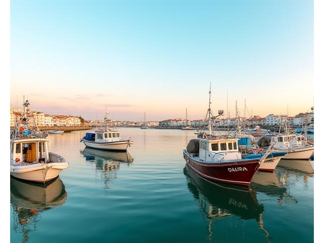 Várias embarcações de pesca estacionadas no porto de Olhão ao amanhecer