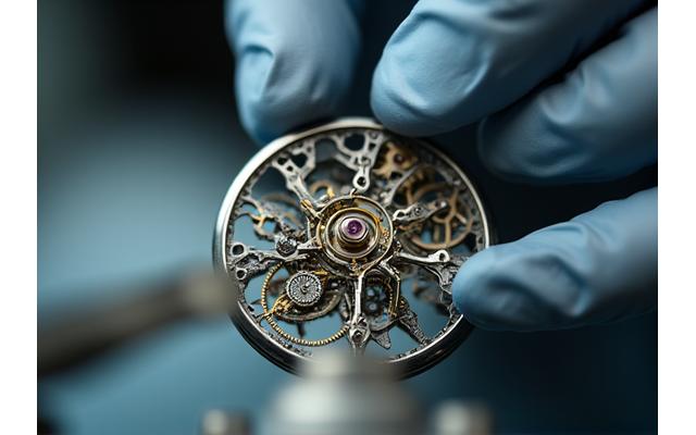 Close-up de engenheiros a trabalhar em pequenos mecanismos de relógio com ferramentas de precisão