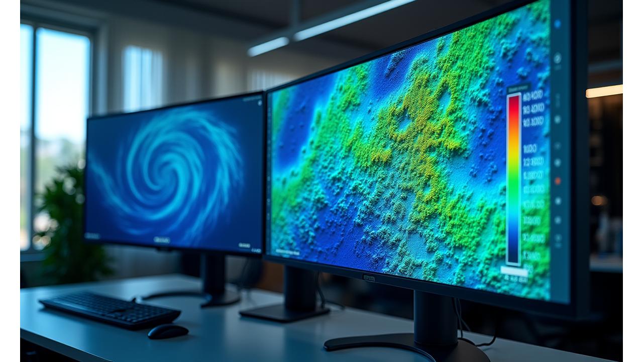 Ecrã de computador mostrando visualização 3D de dados oceanográficos, como correntes e temperatura