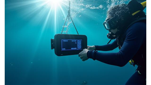 Sensor IoT subaquático sendo instalado por um técnico, com fundo de oceano azul vibrante.