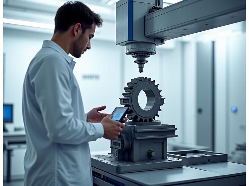 Engenheiro a inspecionar uma engrenagem com equipamento de medição de precisão