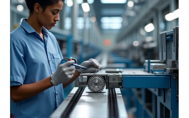 Operário verificando a qualidade de engrenagens numa linha de produção