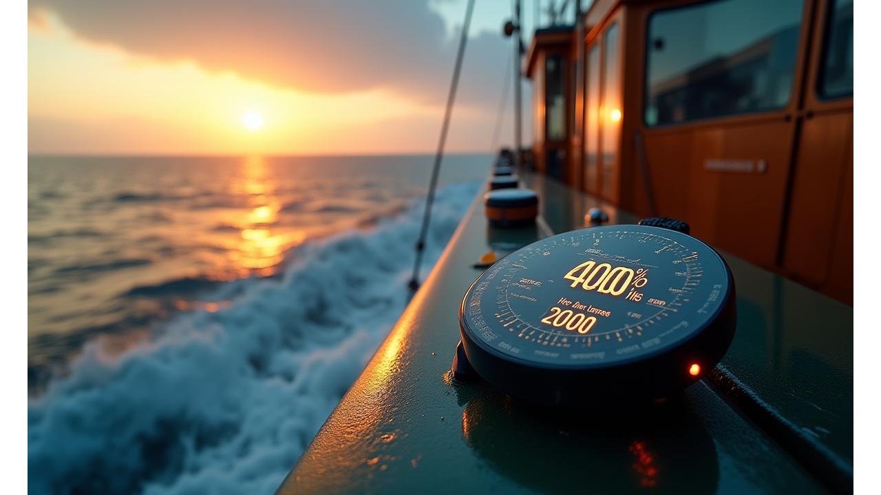 Vídeo demonstrativo de sistema de temporização Âncora Hora em ação numa embarcação pesqueira, com métricas de produtividade sobrepostas