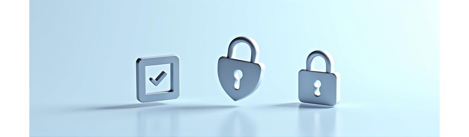Ícones abstratos representando conformidade legal e segurança de dados.